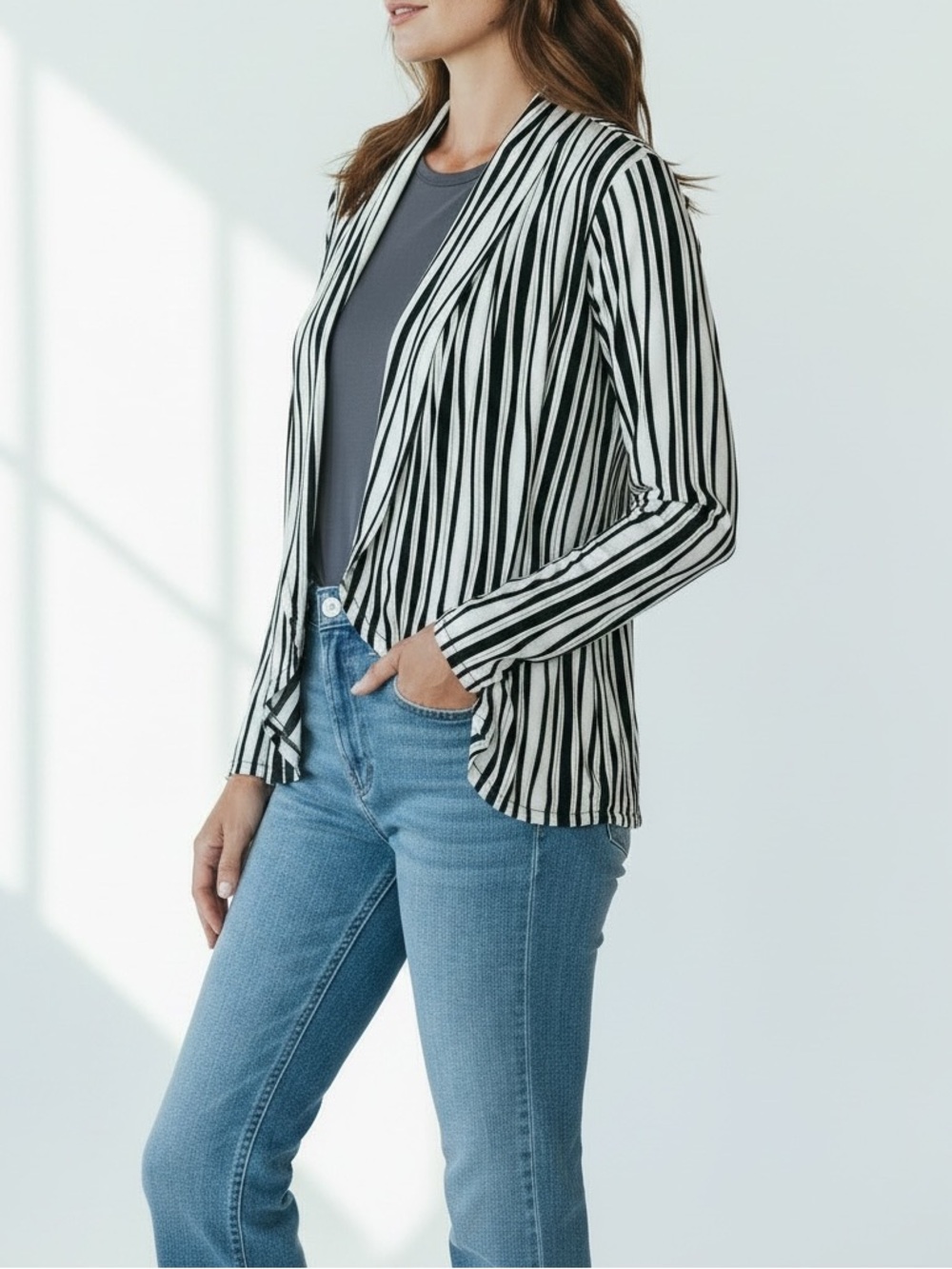 Dana Buchman Womens Large Black Ivory Striped Wrap Front Draped Top Blouse